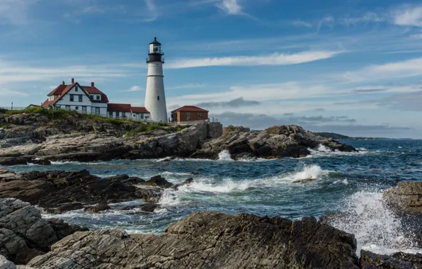 Sea, wave, stones, the ocean, shore, lighthouse, home