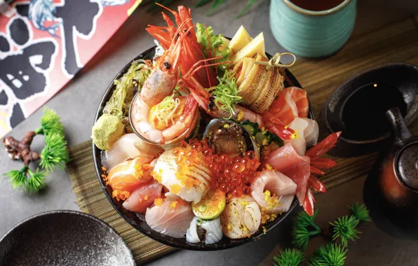 Caviar, shrimp, seafood, cuts, tuna