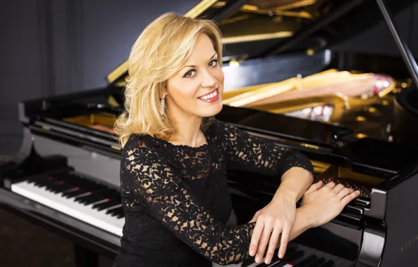 Smile, background, earrings, piano, black, blonde, beauty, beautiful