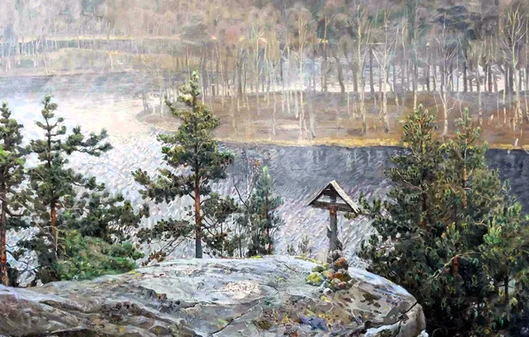 Forest, trees, river, stone, island, cross, picture, Balaam