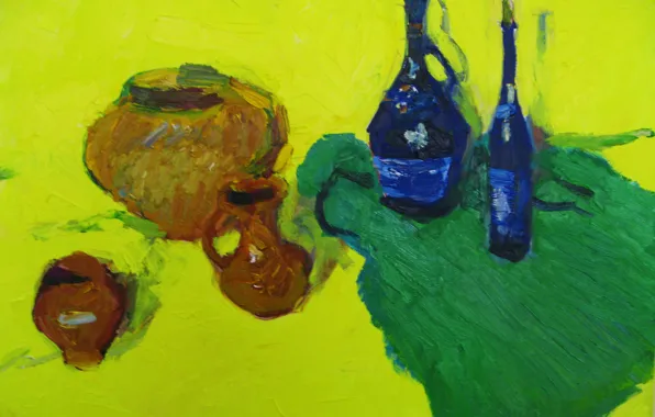 Picture wine, 2008, still life, pitchers, yellow background, The petyaev, green fabric