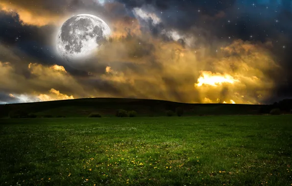Greens, field, the sky, grass, clouds, the moon, photoshop, stars