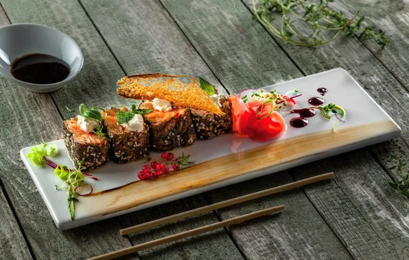 Greens, fish, sticks, Board, rolls, serving