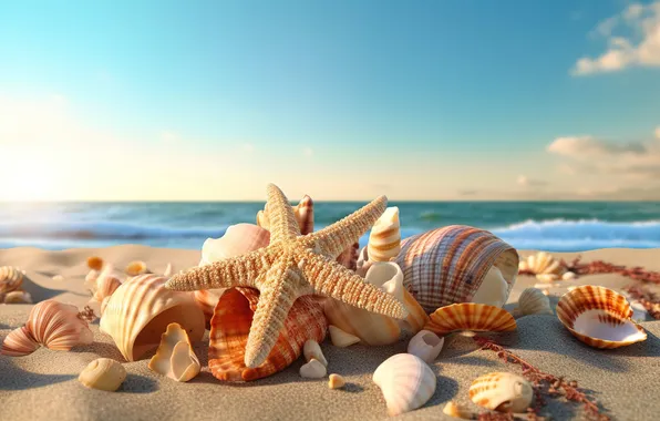 Sand, sea, beach, star, shell, beach, sea, sand