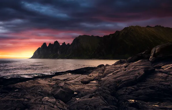 Picture light, sunset, mountains, clouds, nature, stones, rocks, shore