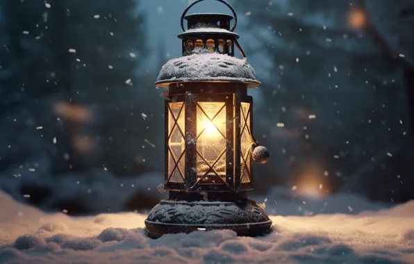 Winter, snow, night, Christmas, lantern, New year, Christmas, night