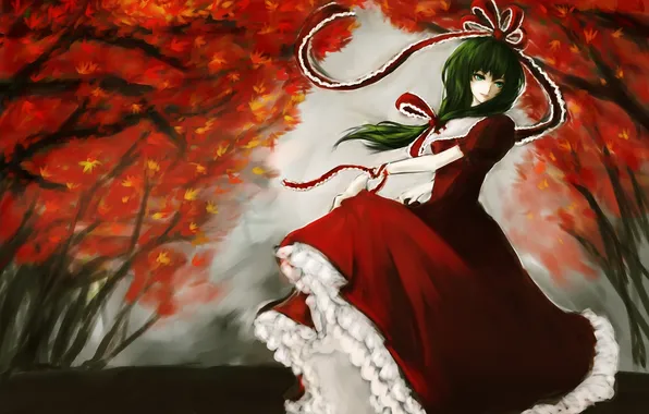 Autumn, girl, trees, figure, dress, tape, touhou, kagiyama hina