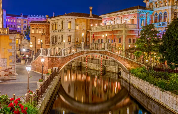 Night, lights, home, Japan, Tokyo, Venice, channel, amusement Park