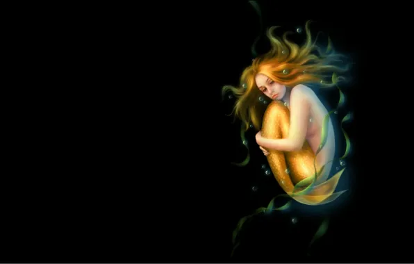 Algae, bubbles, mermaid, depth, scales, tail, red, black background
