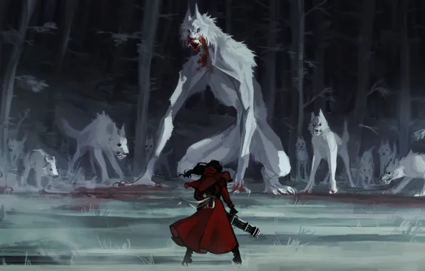 Picture forest, people, wolf, monster, by Remarin