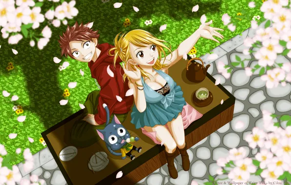 Picture girl, spring, the tea party, guy, happy, flowering, fairy tail, lucy heartfilia