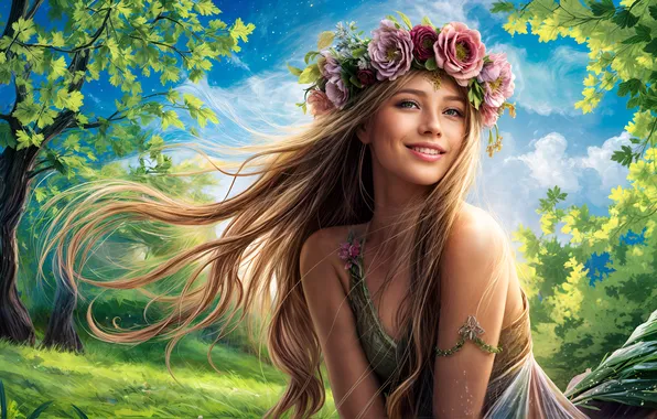 Summer, girl, trees, flowers, nature, pose, smile, blonde
