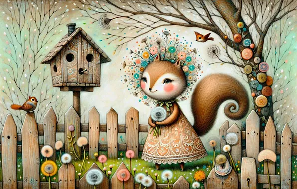 Branches, tree, the fence, styling, dress, Fox, birdhouse, dandelions