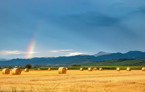 Field, the sky, mountains, blue, rainbow, hay, bales, straw
