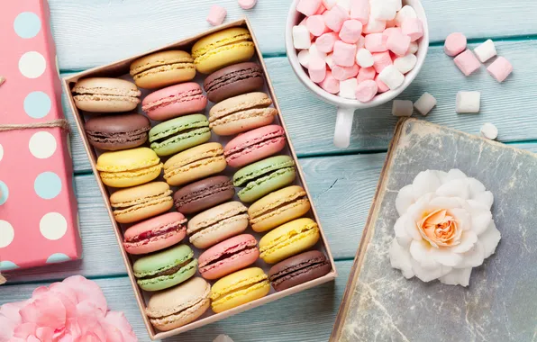 Flowers, gift, colorful, wood, pink, flowers, macarons, gift box