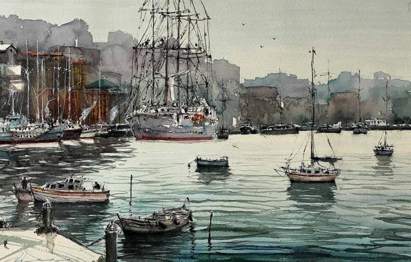 Sea, landscape, boat, ship, picture, Bay, port, watercolor