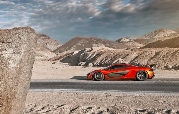 McLaren, Orange, Sky, Side, Death, Sand, Supercar, Valley