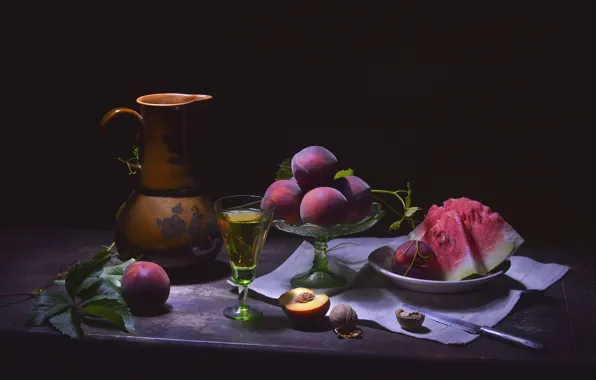 Glass, watermelon, knife, pitcher, nuts, still life, peaches