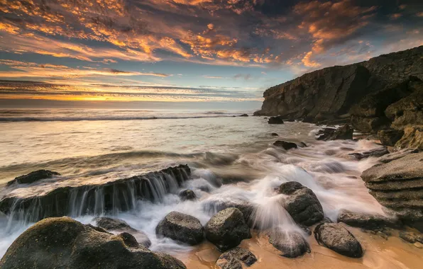 Picture the sky, clouds, sunset, rocks, coast