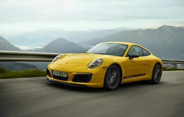 Picture road, yellow, Porsche, the fence, mountain landscape, 911 Carrera T