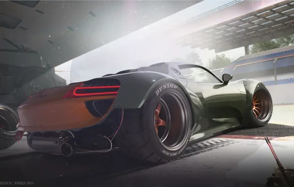 Picture Concept, Porsche, Car, Race, 918, Wheels, Garage, Rear