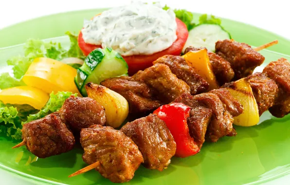 Meat, pepper, vegetables, kebabs