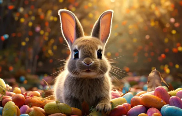 Look, light, flowers, nature, holiday, glade, hare, eggs