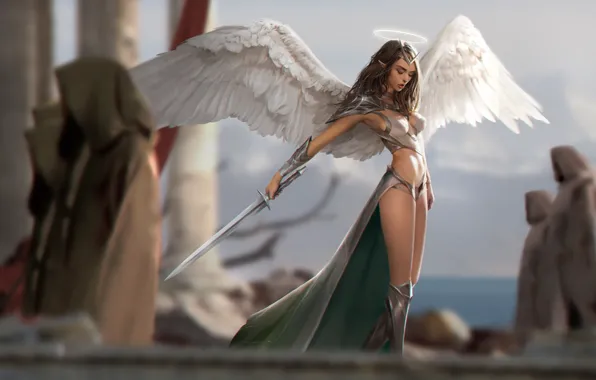 Picture girl, sword, fantasy, armor, weapon, wings, Angel, elf