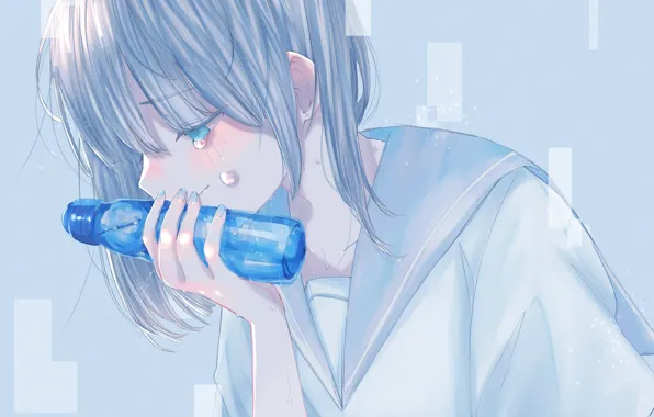 Girl, bottle, anime, art, tears, crying