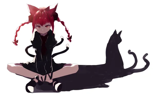 Shadow, white background, braids, red, sitting, ears, touhou, art