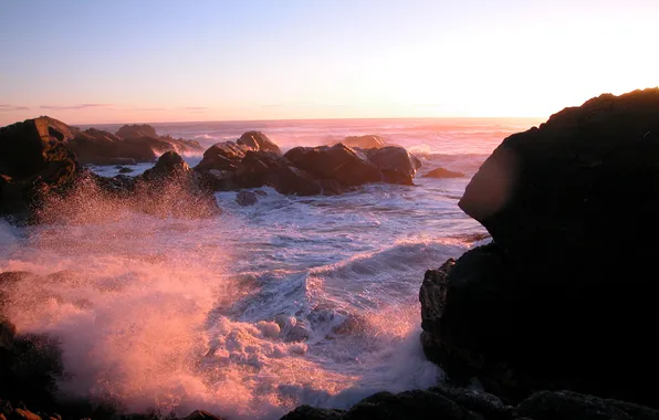 Sea, wave, sunset, stones, coast