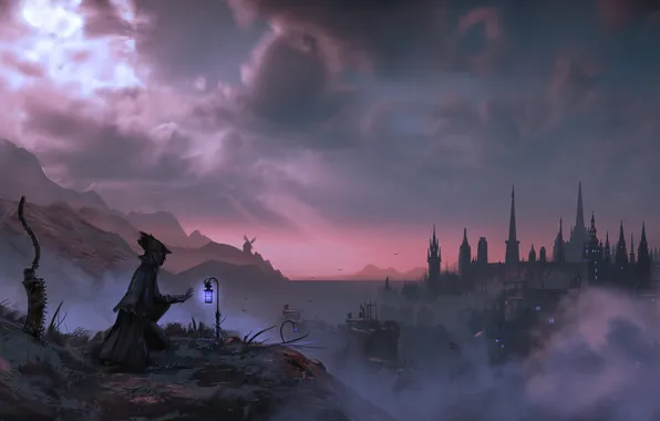 Landscape, night, clouds, weapons, silhouette, lights, bloodborne