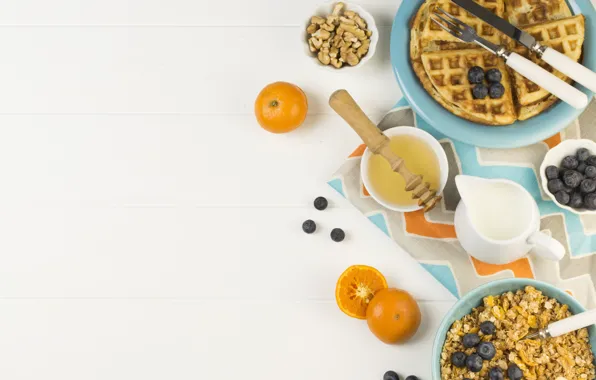 Berries, coffee, orange, food, Breakfast, milk, blueberries, nuts