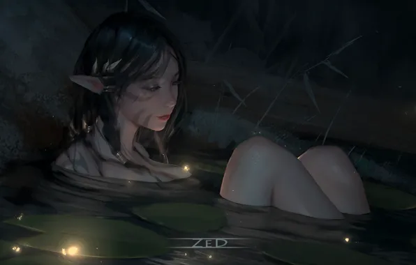 Girl, night, pond, elf, fantasy, by ZED, water lily leaves