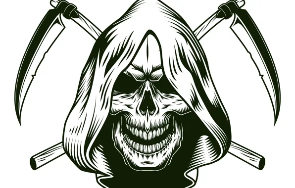 Picture Skull, Smile, White background, Death, Hood, Braids, Skeleton, Scary