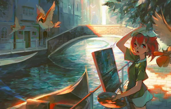 Home, fence, girl, channel, cap, red, palette, birds