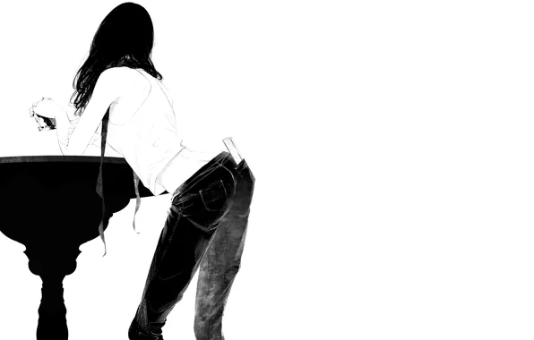 Girl, glass, table, back, art, Sawasawa