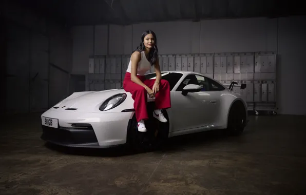 Girl, brunette, Porsche 911 GT3, sitting, professional tennis player, brand ambassador, Emma Raducanu