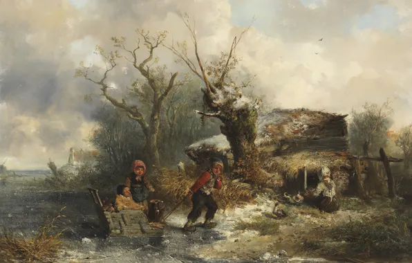 Dutch painter, Dutch painter, oil on canvas, Johan Mari Ten Kate, Winter landscape with children …