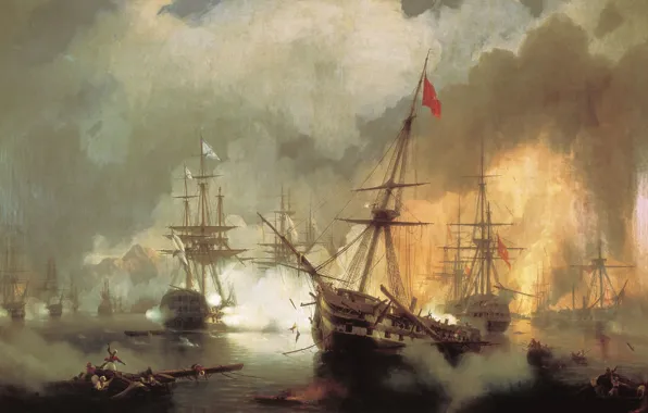 Ship, oil, picture, battle, canvas, battle, Ivan Aivazovsky, Sea Battle at Navarino on October 2, …