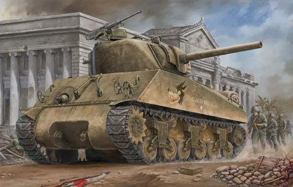 Picture war, art, painting, tank, ww2, m4a3 Sherman