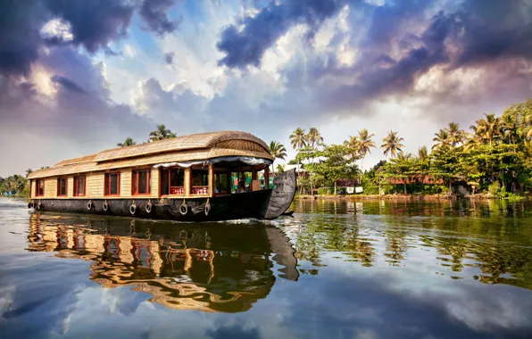 Picture sea, palm trees, India, barge