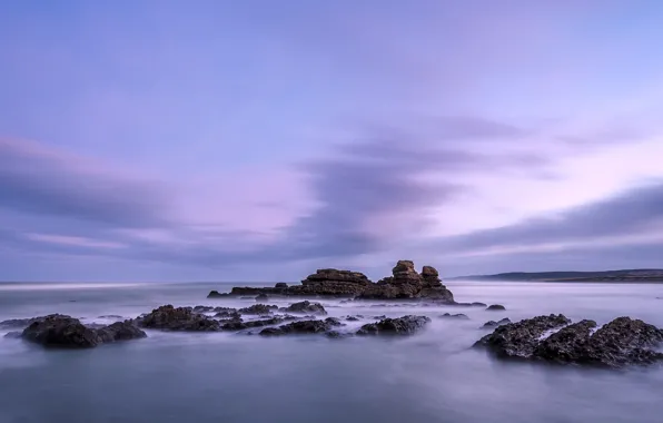 The sky, clouds, stones, shore, the evening, New Zealand, lilac, The Tasman sea