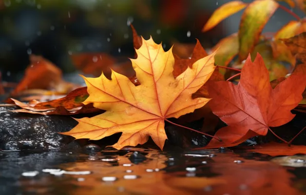 Autumn, leaves, water, drops, stones, rain, foliage, moisture