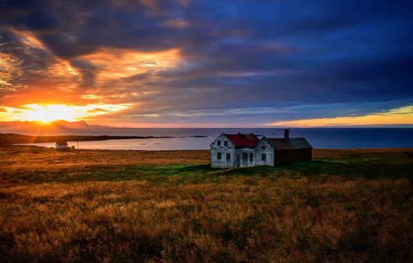 Picture field, sunset, nature, house