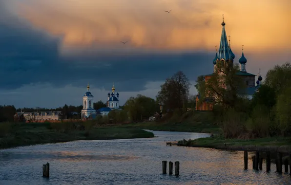 Picture landscape, nature, village, Church, temple, river, Dunilovo