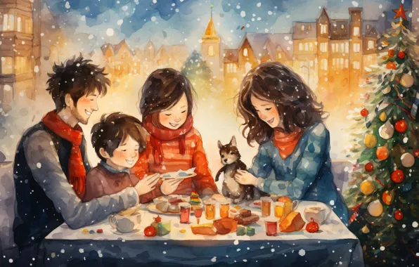 Winter, light, snow, joy, happiness, children, the city, table