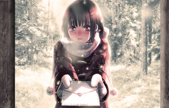 Picture winter, letter, snow, anime, girl, heart, minami seira