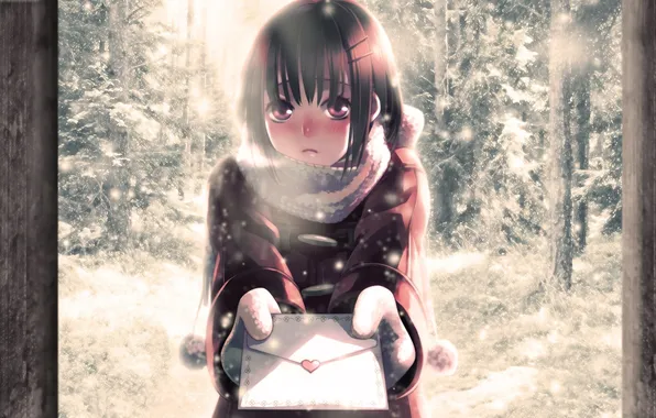 Winter, letter, snow, anime, girl, heart, minami seira