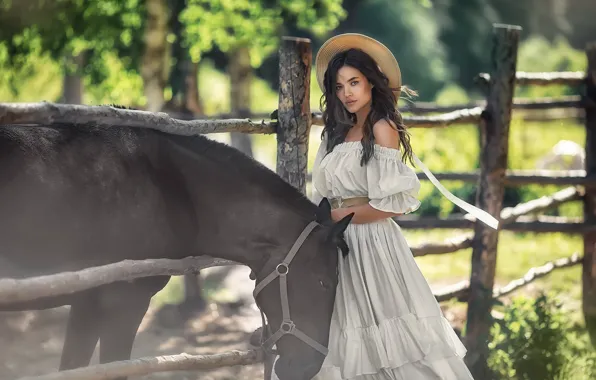 Picture summer, look, girl, pose, horse, hat, dress, Anastasia Barmina